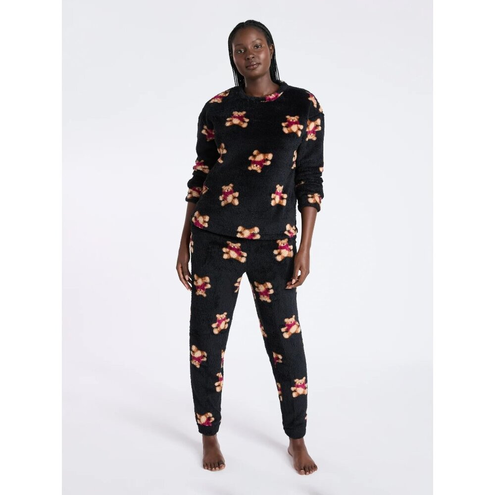 Joyspun Women's Plush Long Sleeve Top and Pants Pajama Set Black Soot Size XL